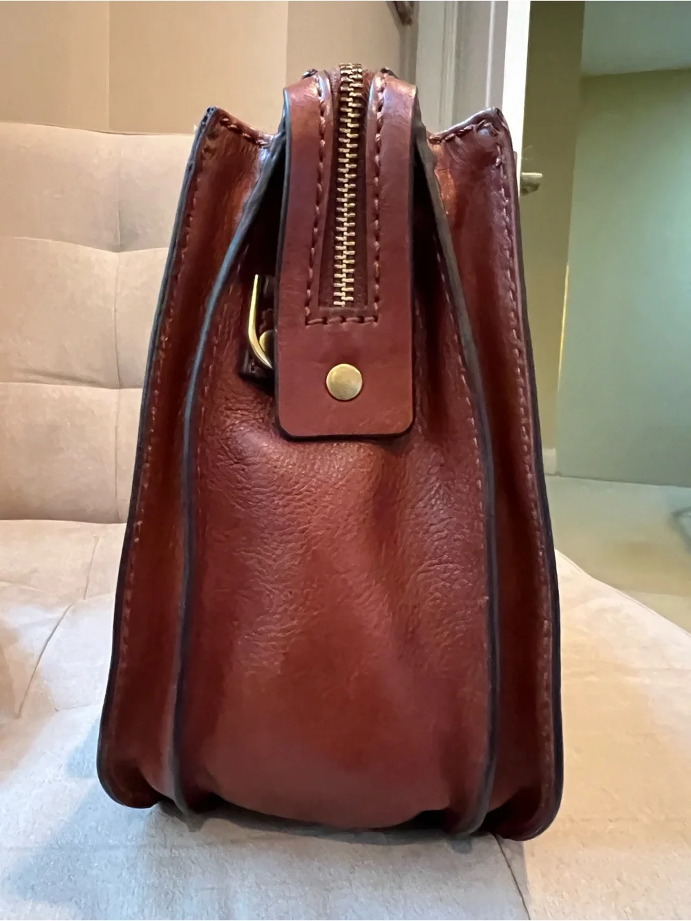Fossil Cognac Brown Leather Satchel with Key Charm